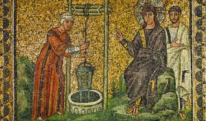 Jesus and the Samaritan Woman at the Well of Jacob (Sychar) from a mosaic, Ravenna, Italy