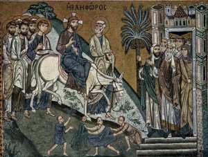 Entry into Jerusalem (Palm Sunday), 12th C. mosaic, Palermo Cathedral, Palermo, Sicily, Italy.