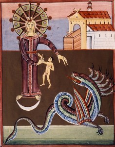 The Woman, the Child and the Dragon, Bamberg Apocalypse (11th C) with anatomically correct child.