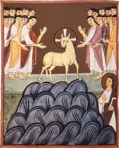 Folio 34, The Lamb on Mt. Sion, the Bamberg Apocalypse, 11th C., Bamberg State Library, Bamberg, Germany.