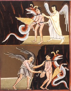 Folio 51, Binding and Loosing of the Beast.  Bamberg Apocalypse (early 11th C.).  Bamberg State Library, Bamberg, Germany