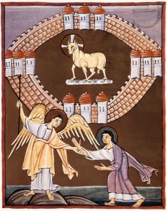 New Jerusalem, Folio 55, Bamberg Apocalypse, early 11th C. Bamberg State Library, Bamberg, Germany