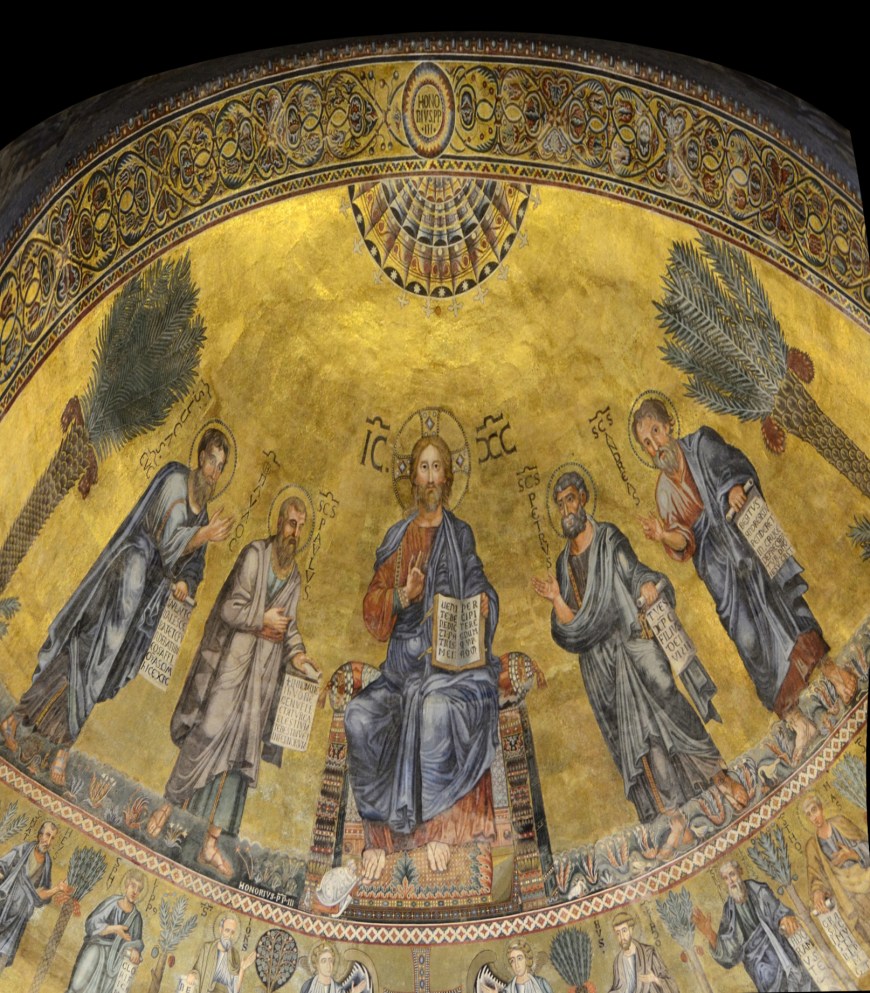 A golden mosaic depicting Christ seated in the center, surrounded by four figures, in a domed ceiling design.