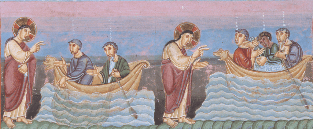 A biblical scene depicting Jesus interacting with fishermen in two boats on water, teaching and guiding them.