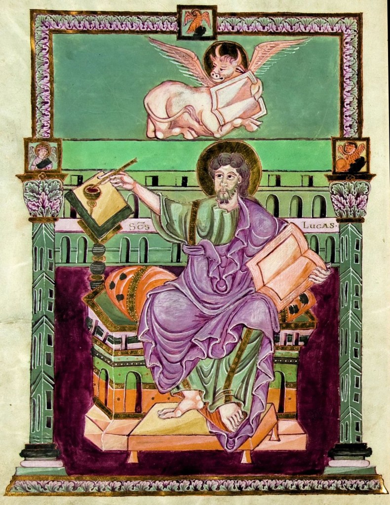 An illuminated manuscript page featuring Saint Luke, depicted seated and holding a book, wearing a purple robe, with his feet bare. Above him is an angel and a winged calf. The background includes ornate architectural elements.